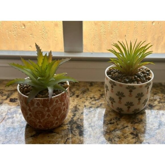 New 2 Pack Artificial Plants Small Cute Succulents in Ceramic Planters Fake - Picture 2 of 3